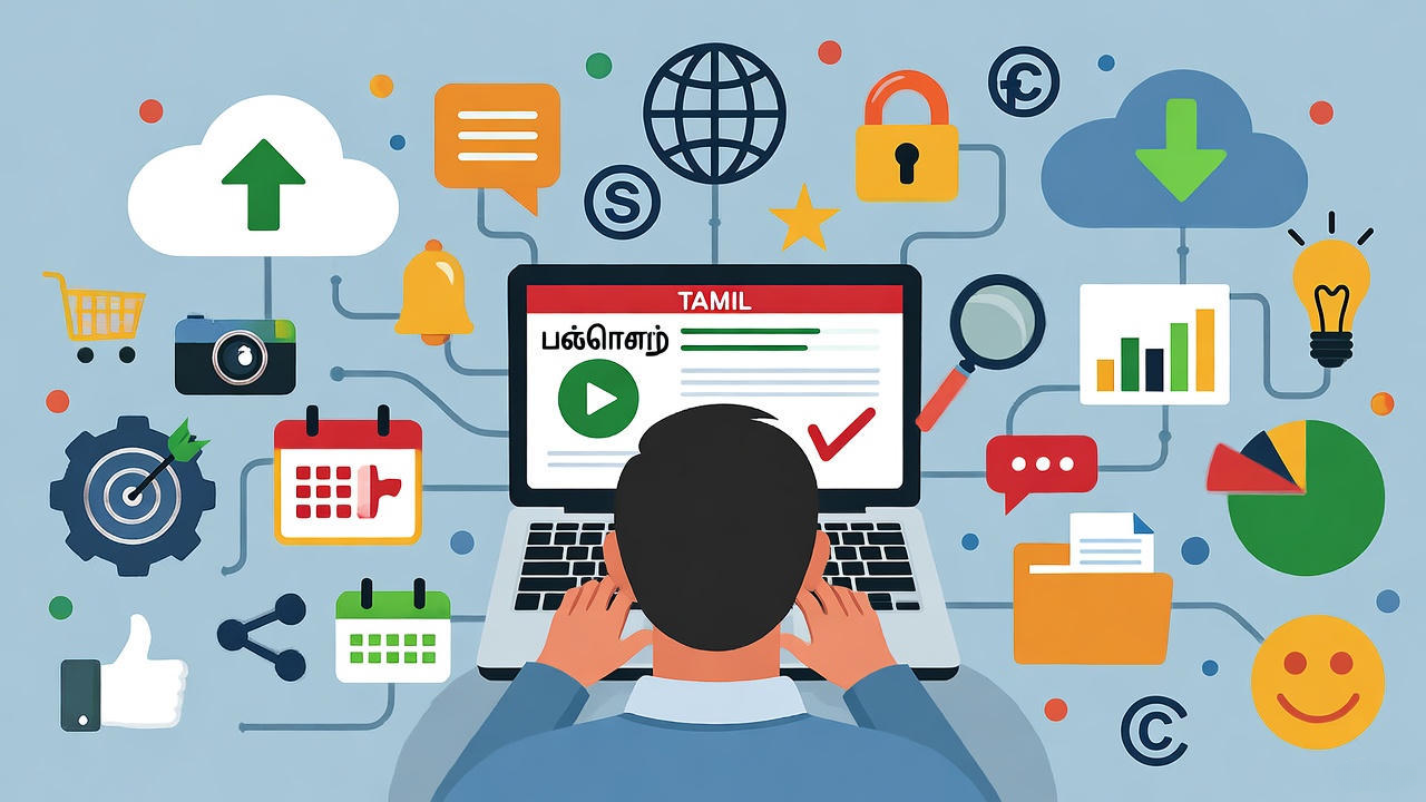 Illustration of a person using a laptop displaying a Tamil-language website with icons representing digital marketing, online learning, SEO, cloud storage, social media, analytics, and communication tools surrounding the computer, symbolizing internet connectivity, content creation, and technology integration.